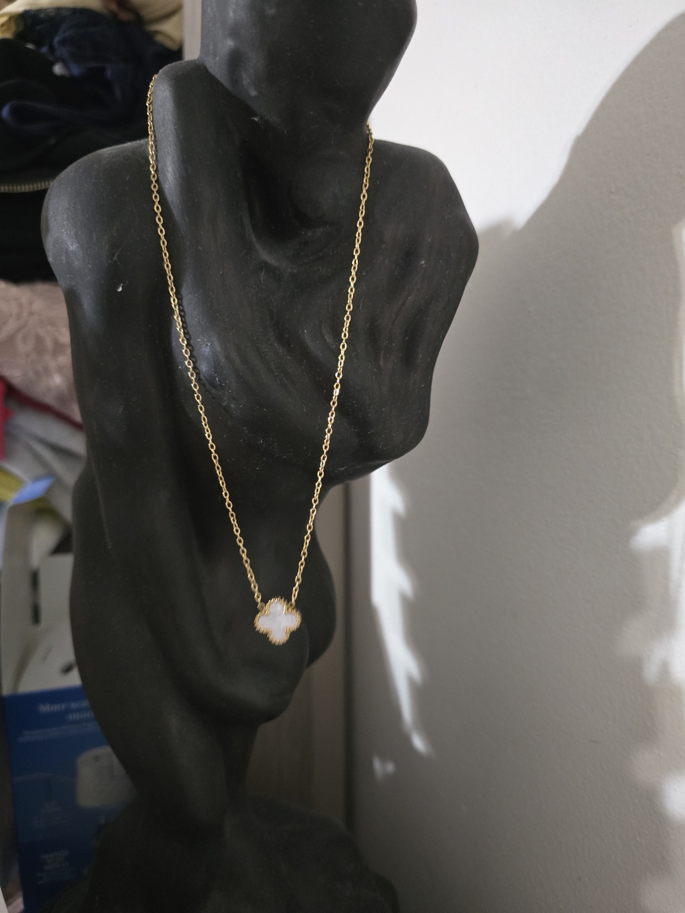 Gold Long Clover Motif Necklace with White Inlay - Picture 3 of 3